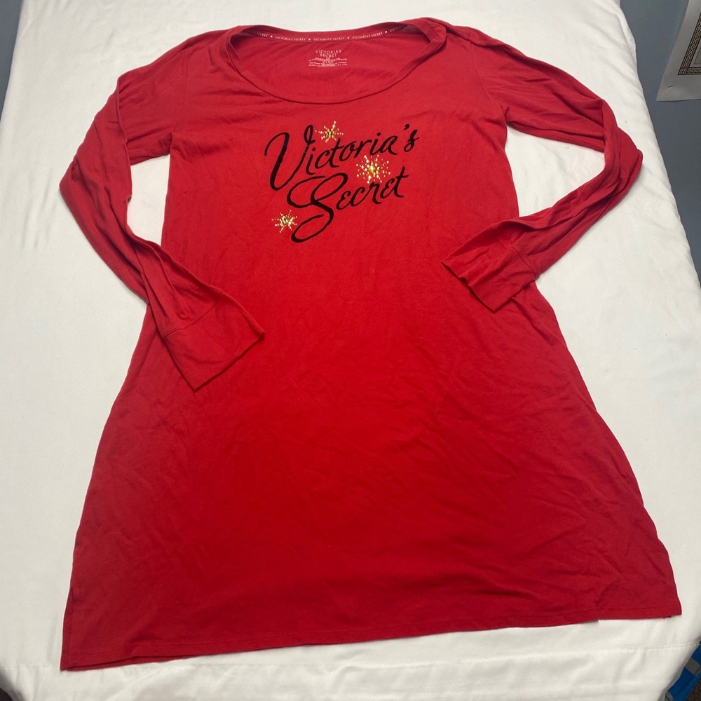 Victorias Secret Red Long Sleeve Nightgown Rhinestone Logo Sleep Shirt Large